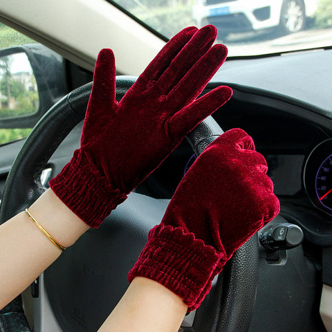 Guantes elásticos de franela para conducción para mujer, de terciopelo dorado, finos, cálidos, para deportes al aire libre y ciclismo ► Foto 1/6