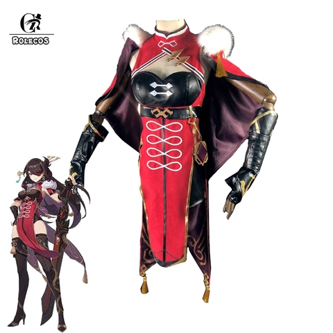 Disfraz de Genshin Impact de Beidou para mujer, traje de Cosplay de Genshin Impact, traje de Halloween negro, disfraz rojo, capa, pantalones, guante, conjunto completo ► Foto 1/5