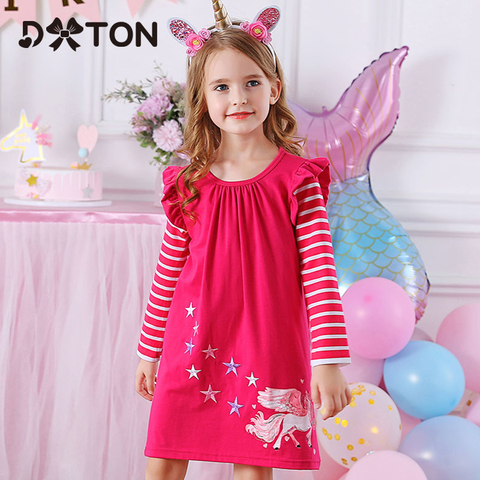 DXTON-Vestidos infantiles para niñas de invierno, vestido de unicornio de manga voladora, ropa de algodón a rayas y estrellas para niños pequeños, vestido informal para niñas ► Foto 1/6