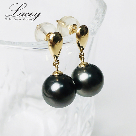 Real Tahitain pendientes de perlas negras para mujer, pendientes de perlas de oro amarillo de 18k AU750 regalo de novia de boda ► Foto 1/5