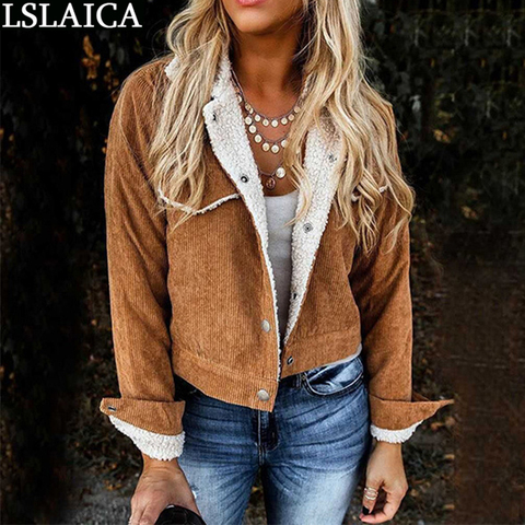 Chaqueta de pana Lisa para Mujer, abrigo informal de manga larga con cuello vuelto, moda de otoño e invierno ► Foto 1/3