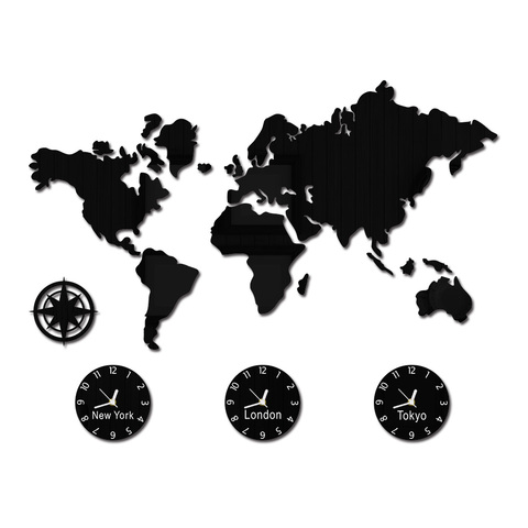 Reloj de pared grande con mapa del mundo, Nueva York, Londres, Tokio, zona horaria personalizada, silencioso, sin tic-tac, arte de pared de oficina ► Foto 1/6