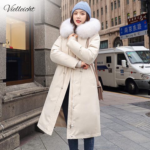 Vielleicher-chaquetas largas de lana Lisa para mujer, Parkas largas de talla grande con capucha y cuello de piel, abrigo grueso, Invierno 2022 ► Foto 1/6