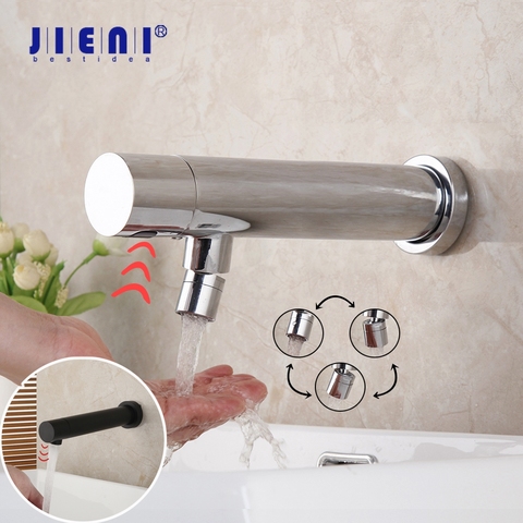 JIENI negro mate baño Baño grifo Sensor de soporte de pared grifo automático manos libres Sensor táctil lavabo grifo de agua fría del grifo ► Foto 1/6