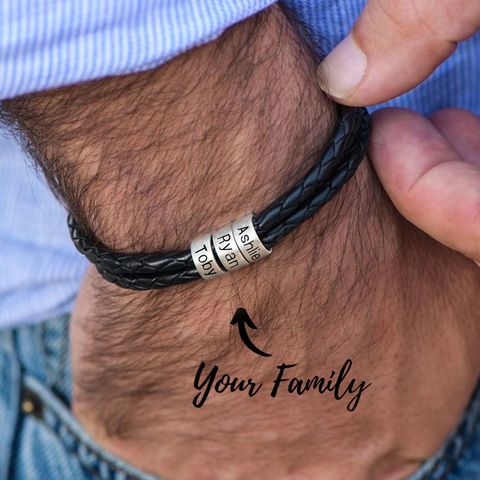 Pulsera trenzada de cuero genuino para hombre, cuentas personalizadas de acero inoxidable, abalorio de nombre, pulsera con nombres de familia ► Foto 1/6