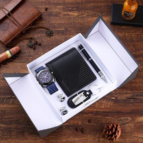 Set de 5pes de regalo para hombre, gemelos reloj, billetera, bolígrafo, llavero, combinación informal de negocios, relojes para chico y amigo ► Foto 1/6