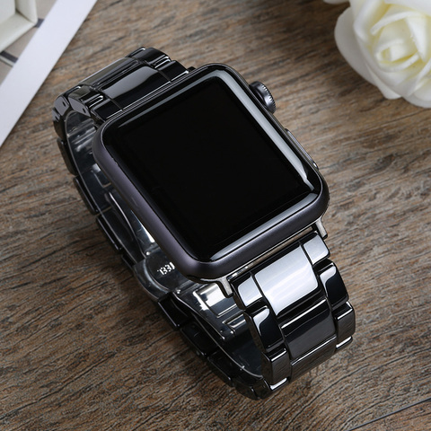 Correa de cerámica para Apple Watch, accesorios de 44mm, 40mm, 42mm y 38mm, pulsera de hebilla de mariposa inoxidable, serie iWatch 6 se 5 4 3 ► Foto 1/6