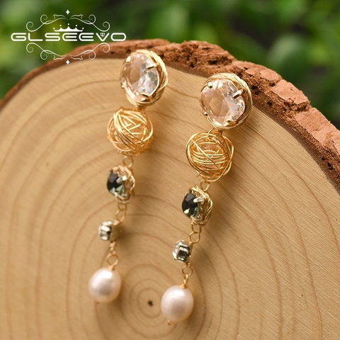 GLSEEVO-pendientes largos de perla Natural de agua dulce para mujer, 100%, Vintage, de compromiso, hechos a mano, joyería fina, GE0868 ► Foto 1/5