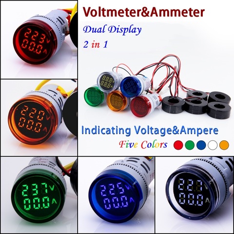 Mini voltímetro Digital redondo 2 en 1, 22mm, AC50-500V 0-100A, amperímetro y voltímetro, medidor de corriente de voltaje con CT nuevo ► Foto 1/6