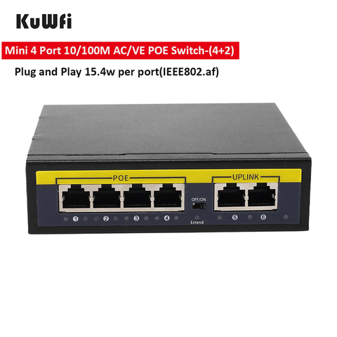 Conmutador KuWFi 48V POE conmutador de red Ethernet de 100 Mbps conmutador PoE de 4 puertos inyector RJ45 estándar para cámara IP / AP inalámbrico / CCTV ► Foto 1/6