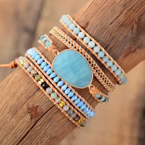 Pulsera de cuero con piedra Natural hecha a mano, brazalete de cuero con piedras naturales ► Foto 1/6