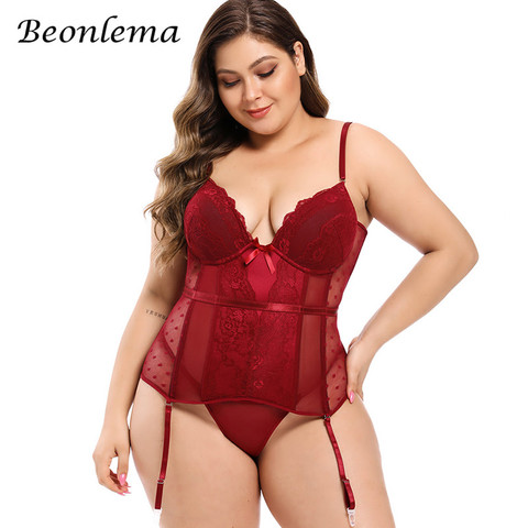 Beonlema-lencería Sexy de talla grande para mujer, corsé rojo, ropa interior erótica de encaje, Tops de malla, corpiño de S-6XL azul y negro ► Foto 1/6