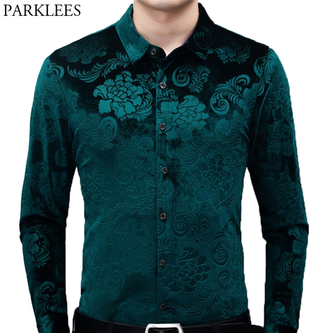 Vestidos Camisas florales de terciopelo verde para hombre, Camisa ajustada de manga larga de terciopelo, camisa con botón debajo del cuello, informal, 2022 ► Foto 1/6