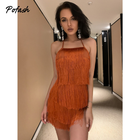 Pofash-mono liso con flecos y espalda descubierta para mujer, traje Sexy sin mangas con cuello Halter para fiesta y Club de verano, monos ajustados 2022 ► Foto 1/6