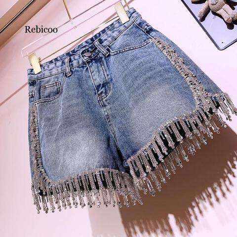 Pantalones cortos vaqueros de cintura alta con flecos y diamantes de imitación para hombre, pantalones cortos con borlas ► Foto 1/6