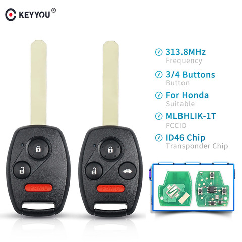 KEYYOU 313,8 Mhz de llave de control remoto Fob para Honda CR-V acuerdo de 2008, 2009, 2010, 2011, 2012 MLBHLIK-1T ID46 Chip 3/4 botones de control remoto de coche HON66 ► Foto 1/6