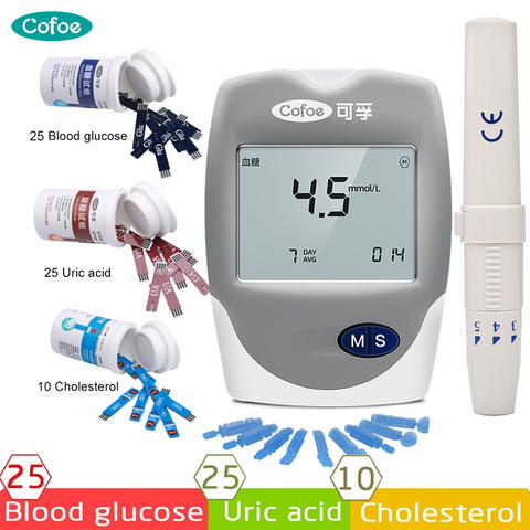 Cofoe 3 en 1 multi medidor de supervisión prueba de medidor de colesterol y úrico medidor de acidez y medidor de glucosa en sangre prueba tiras lancetas ► Foto 1/6