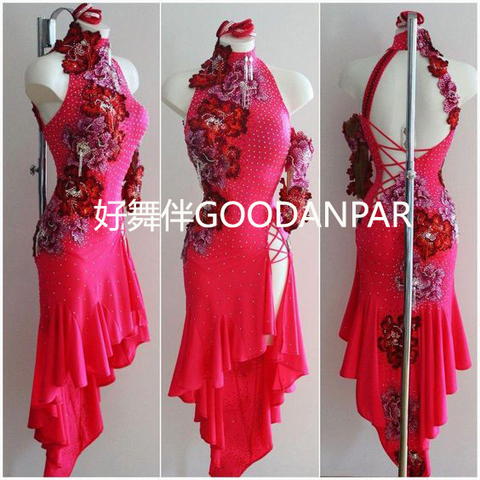 Traje de baile latino Vestido rojo de licra de licra para mujer