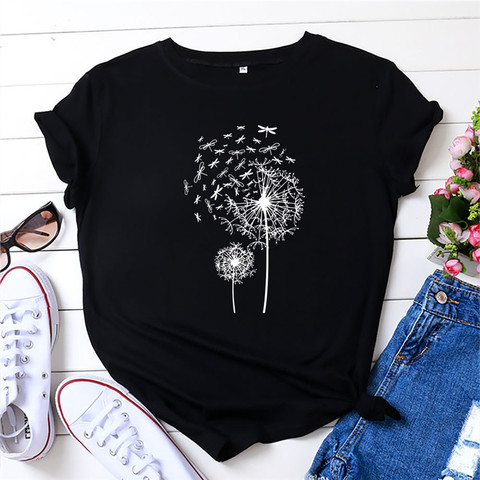 De talla grande S-5XL 100% Camiseta de algodón estampado de nuevo diente de león T camisa mujeres camiseta mujer cuello en O manga corta Camisetas mujeres camisetas Tops ► Foto 1/6