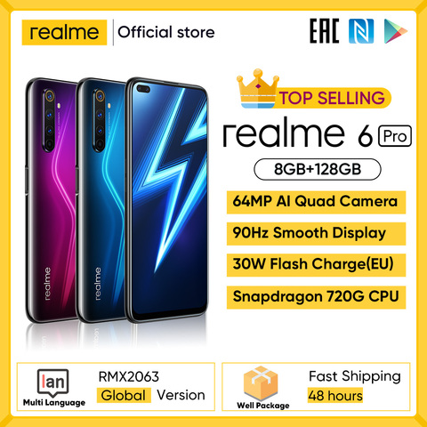 Realme 6 Pro-teléfono inteligente con pantalla de 6,6 pulgadas y 90Hz, móvil con cámara de 64MP, 8GB RAM, 128GB rom, procesador Snapdragon 720G, batería de 4300mAh, carga de Flash de 30W ► Foto 1/5