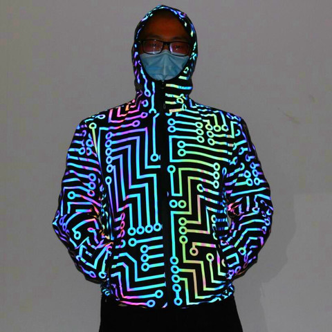 Chaqueta reflectante para hombre y mujer, chaqueta con patrón geométrico de circuito de bailarina de club nocturno, de color arcoíris, para baile mecánico de hip-hop, abrigo con capucha ► Foto 1/6