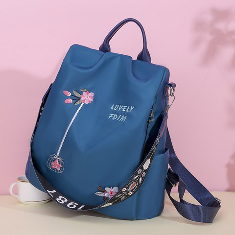 Mochila informal de tela Oxford para mujer, de tela con flores bordadas Oxford morral, bolsos de libros escolares, mochila antirrobo de viaje diario ► Foto 1/6