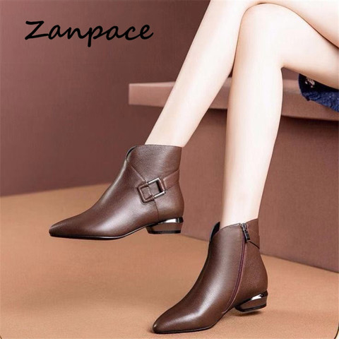 ZANPACE-Botas de piel con tacón grueso para mujer, zapatos de tacón alto de talla grande, puntiagudas, estilo Retro, con cremallera, para invierno, 2022 ► Foto 1/6