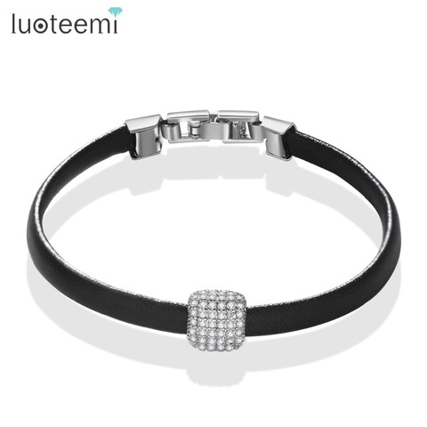 LUOTEEMI 2017 Geométricas Simples Circón Mirco Pavimentada Granos Hechos A Mano del Encanto Pulseras y Brazaletes para las mujeres Negro PU de Cuero de La Joyería ► Foto 1/6