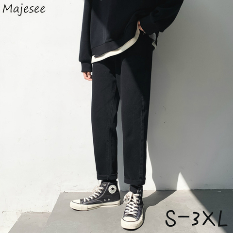 Pantalones vaqueros de los hombres de gran tamaño S-3XL botón tobillo longitud Vintage negro recto Ulzzang Baggy mujer Chic Pantalones Harajuku Ins ► Foto 1/6