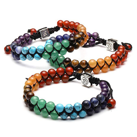 Pulseras de doble capa para hombre y mujer, brazalete de Yoga indio Vintage, cuentas de piedra de Lava para rezar, joyería curativa, 7 Chakras ► Foto 1/6