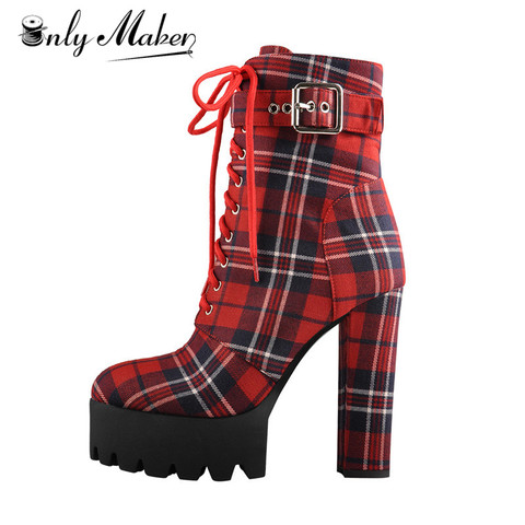 Onlymaker-Botines con plataforma para mujer, botas con hebilla, tacón grueso, color rojo, a cuadros, con cordones, cremallera lateral, punta redonda, para invierno ► Foto 1/6