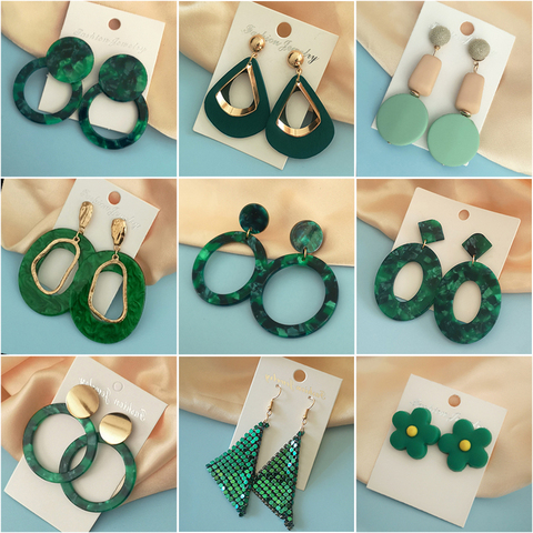 Declaración de moda pendientes Vintage verde resina hoja pendientes para las mujeres 2022 tendencia oro colgante geométrico pendientes de joyería femenina ► Foto 1/6