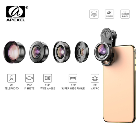 APEXEL 5in1 lente de teléfono móvil caso y Clip Kit HD de ojo de pez de ángulo ancho 4 K Macro lente del telescopio para Samsung iPhone y todos los teléfonos inteligentes ► Foto 1/6