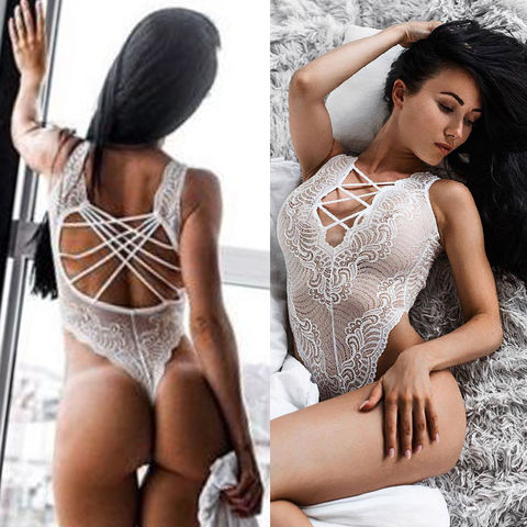 Lencería de encaje blanca Porno sensual para mujer, pijama con vendas, traje de cuerpo, picardías, medias de malla, ropa interior ► Foto 1/4