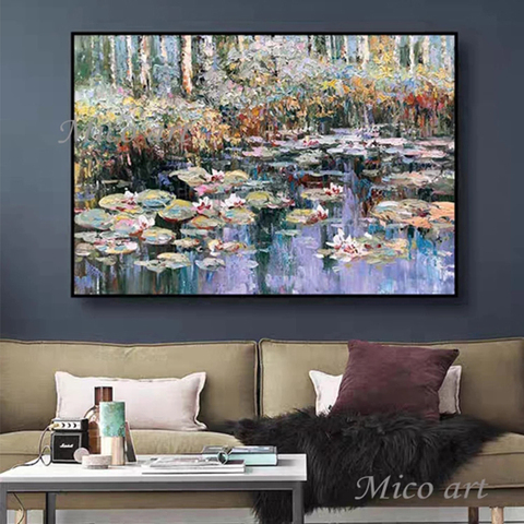 Pintura al óleo de flor de loto Monet pintada a mano, 100% moderno, reproducción de lienzo, arte de pared, pinturas sin marco, arte de pared ► Foto 1/6