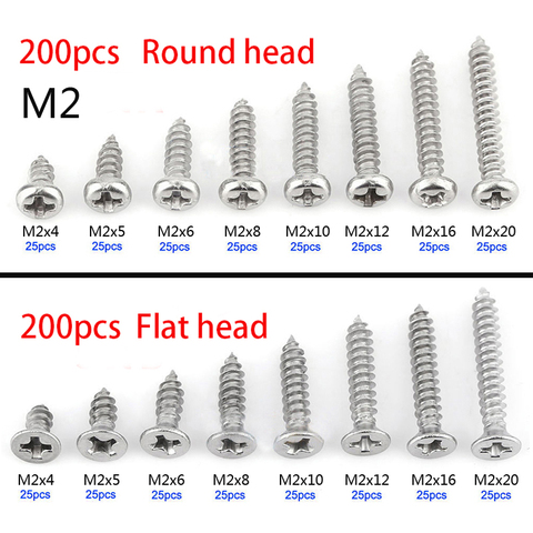 Juego de tornillos de cabeza plana de acero inoxidable M2, surtido de tornillos de rosca de alta resistencia, para muebles de madera, 200 Uds. ► Foto 1/3