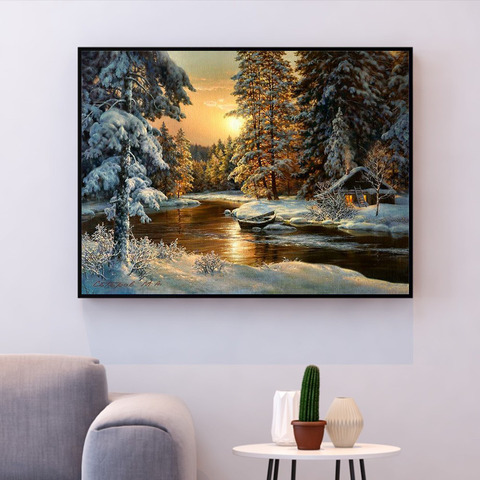 HUACAN, punto de cruz, bordado, paisaje de árbol de nieve, hilo de algodón, pintura DIY, Kits de costura, 14ct, decoración del hogar de invierno ► Foto 1/6