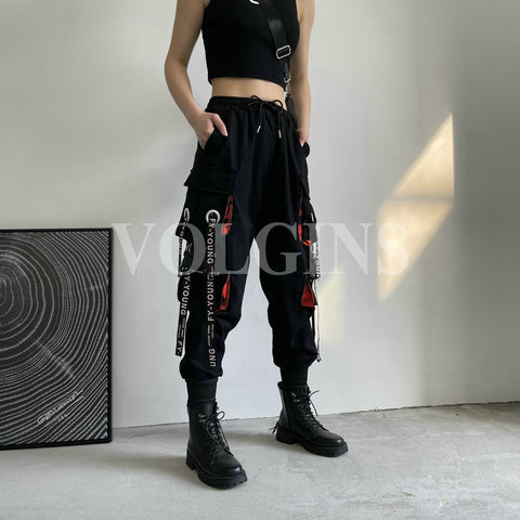 Pantalones Cargo con cinta para correr para mujer, pantalones femeninos de cintura elástica, ropa de calle alta, pantalón Harajuku Punk de algodón, 2022 ► Foto 1/6