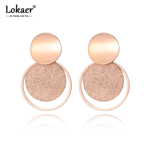 Lokaer-pendientes de acero inoxidable para mujer, joyería de Color oro rosa, hoja esmerilada, círculo curvo, pendientes disco con pasador E18446 ► Foto 1/6