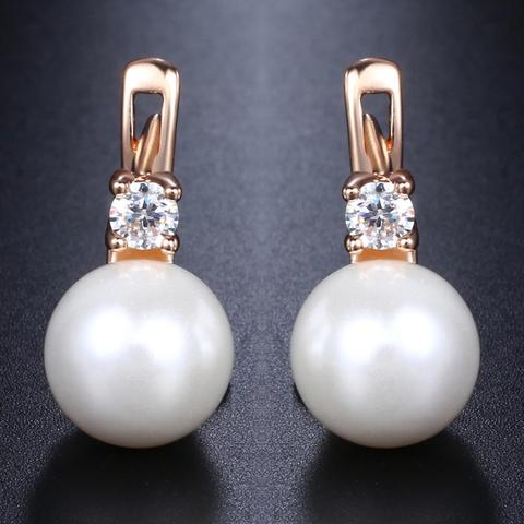 Davieslee-pendientes de tuerca de perla blanca para mujer, empedrado de circonio cúbico lleno de oro rosa para mujer, pendiente de circonia cúbica para mujer, joyería de moda DGE128, 585 ► Foto 1/6