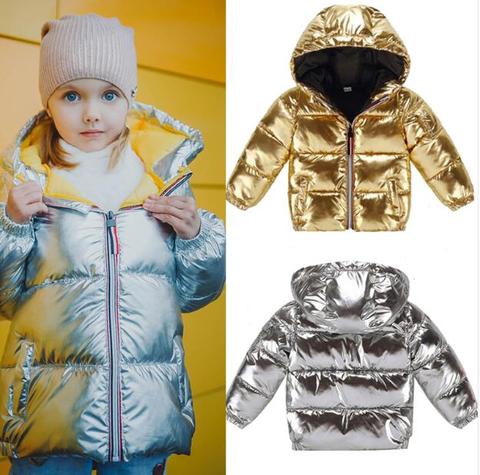 Chaqueta de invierno para niños y niñas, abrigo informal con capucha, ropa de bebé, prendas de vestir, Parka, color plateado, dorado y negro ► Foto 1/6