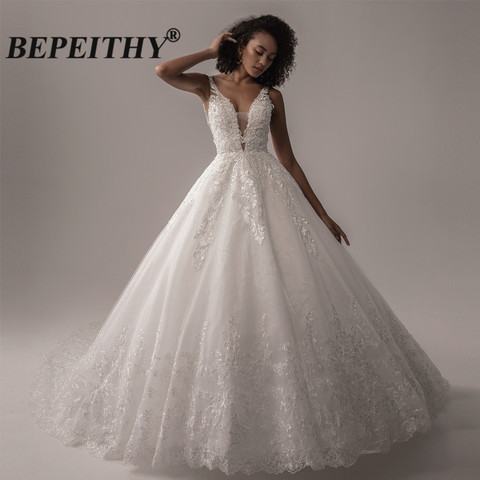 BEPEITHY-vestido de boda de encaje con escote en V profundo, vestido de baile, novia, corte, tren, sin mangas, ramo de novia indio de marfil, novedad de 2022 ► Foto 1/6