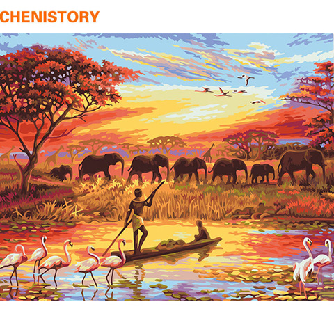 CHENISTORY elefante atardecer pintura Diy por números paisaje pared moderna arte lienzo pintura pintado a mano regalo único para el hogar ► Foto 1/6