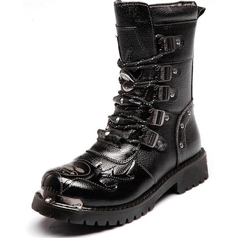 Botas de Metal góticas de media caña para hombre, botines estilo Retro Punk de cuero para motocicleta, botas militares de estilo vaquero para nieve ► Foto 1/6