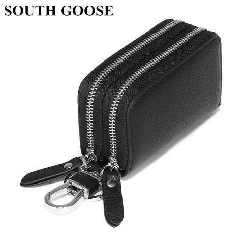 LLavero de cuero genuino de ganso del Sur para hombre y mujer, cartera Unisex con doble cremallera para llaves de coche, funda inteligente para llaves ► Foto 1/6