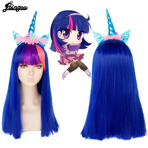 Ebingoo-Peluca de My Little Pony, cabello sintético con flequillo de arcoíris + Headwear, color azul real, largo, brillante, Crepúsculo, unicornio ► Foto 1/5