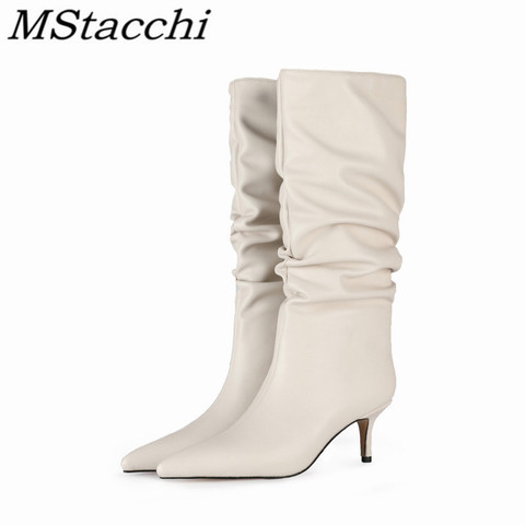 Mstacchi-botas con pliegues para Mujer, zapatos de tacón fino de felpa en Color sólido, talla grande, nuevo diseño conciso, 2022 ► Foto 1/6