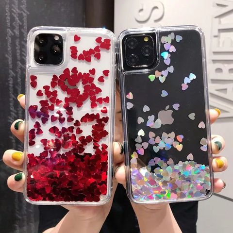 Brillo amor corazón lentejuelas arenas movedizas funda para teléfono para iPhone 12 11 Pro Max XR XS Max X 8 7 Plus dinámica líquido para 12 Mini 11 ► Foto 1/6