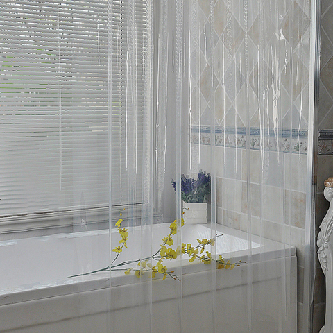 Cortina de ducha transparente, visillo de baño de plástico, resistente al agua, con ganchos, decoración para el hogar y el baño ► Foto 1/6