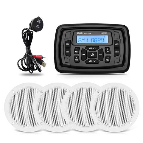 Marina impermeable Radio Audio receptor estéreo Bluetooth FM coche MP3 Player + 2 pares 4 pulgadas altavoces marinos + USB Barco de Cable de Audio ► Foto 1/6